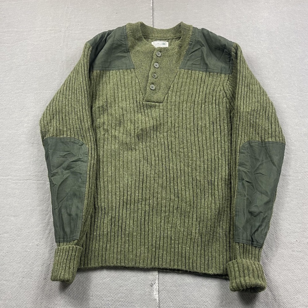 L.L Bean Sweater Mens‎ Medium Green Pullover Wool Commando Henley Military Army